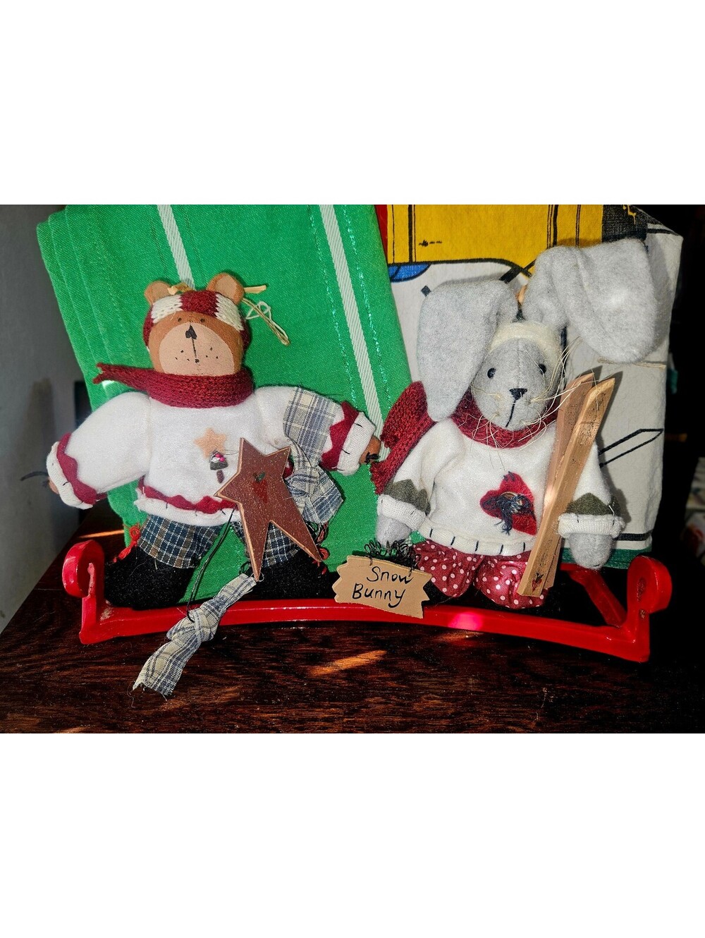 Handmade Winter Holiday Decorative Plush Bunny and Bear Figurines on Red Sled